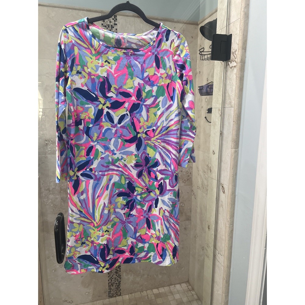 Lilly Pulitzer Marlowe Dress M Havin A Blast 3/4 Sleeve Blue Pink Shift 24572